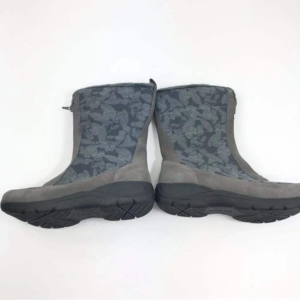 Land’s End Gray Suede Floral Canvas Front Zip Faux Fur Lined Thermolite Boot NEW